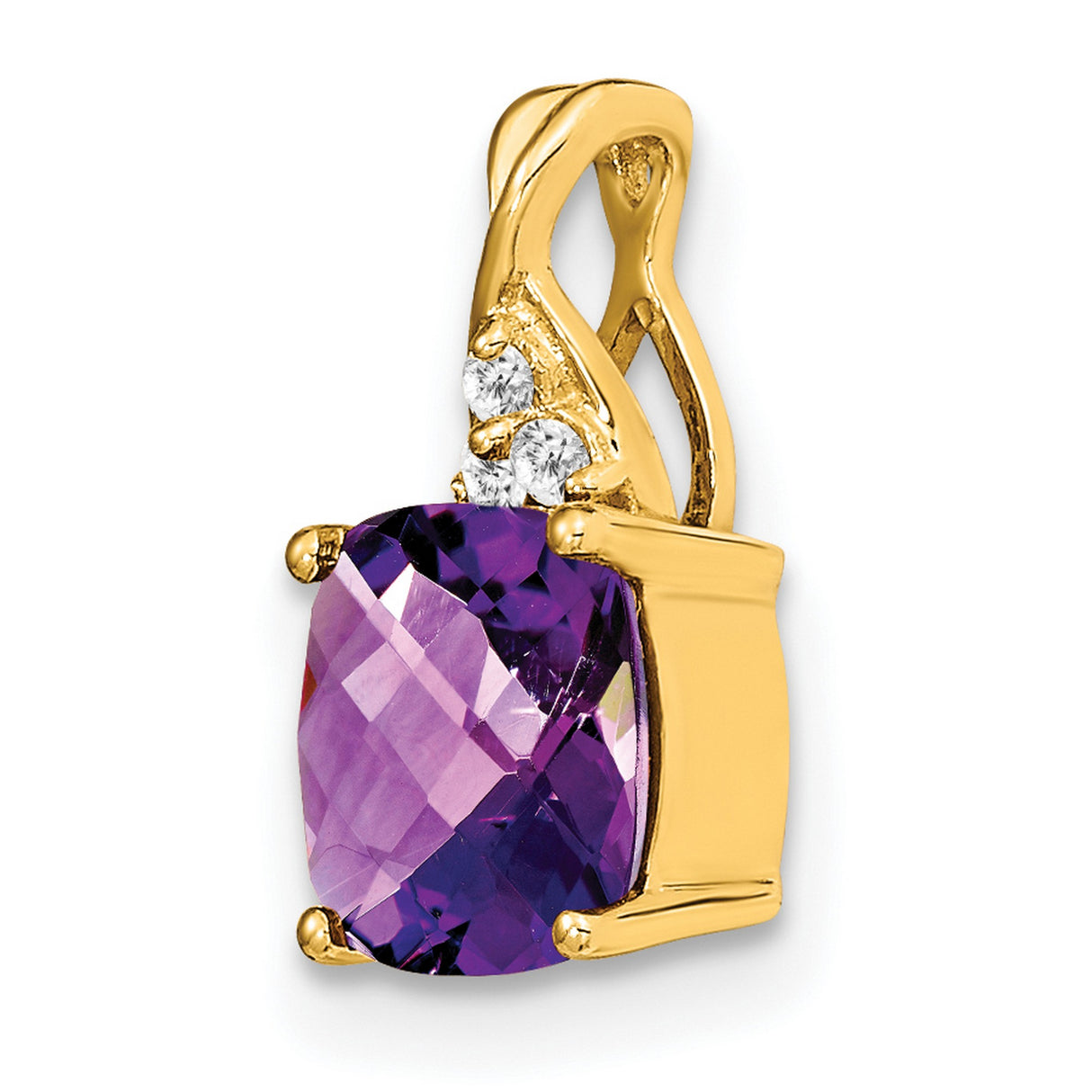 14k Yellow Gold Pendant with Cushion Amethyst and Diamond Accents, Twist Bale Floral Design