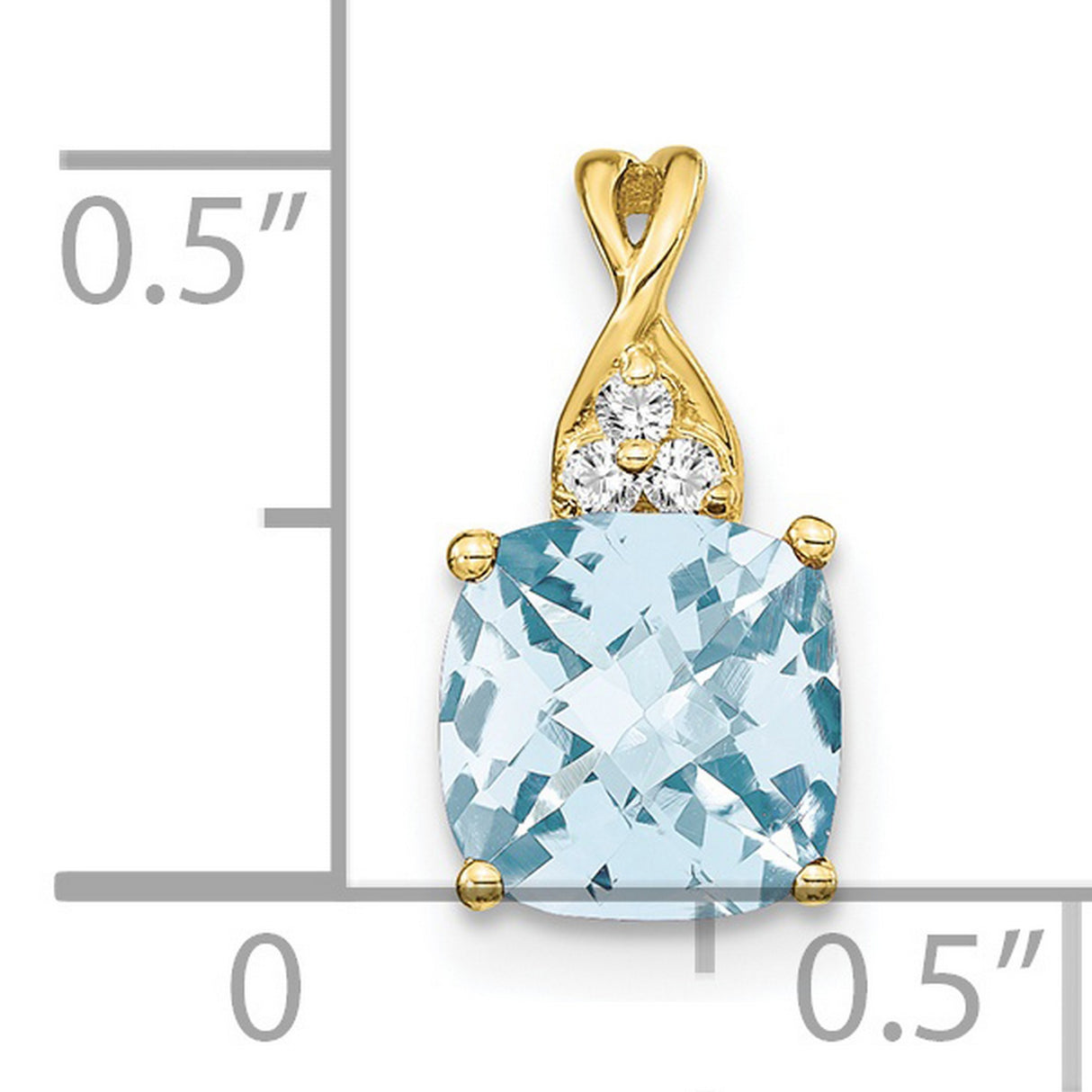 10k Yellow Gold Pendant with Cushion Cut Aquamarine and Diamond, Three Stone Floral Design