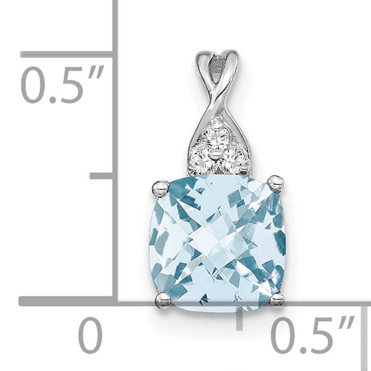14k White Gold Pendant with Cushion Cut Aquamarine and Diamond Accents, Twisted Bail Design