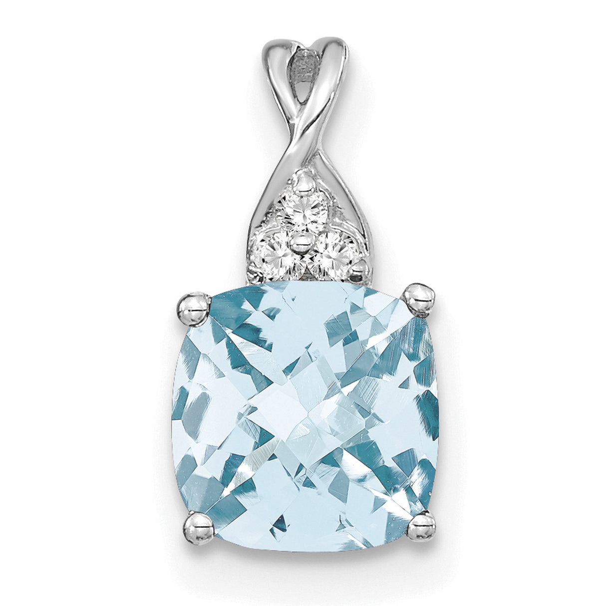 14k White Gold Pendant with Cushion Cut Aquamarine and Diamond Accents, Twisted Bail Design