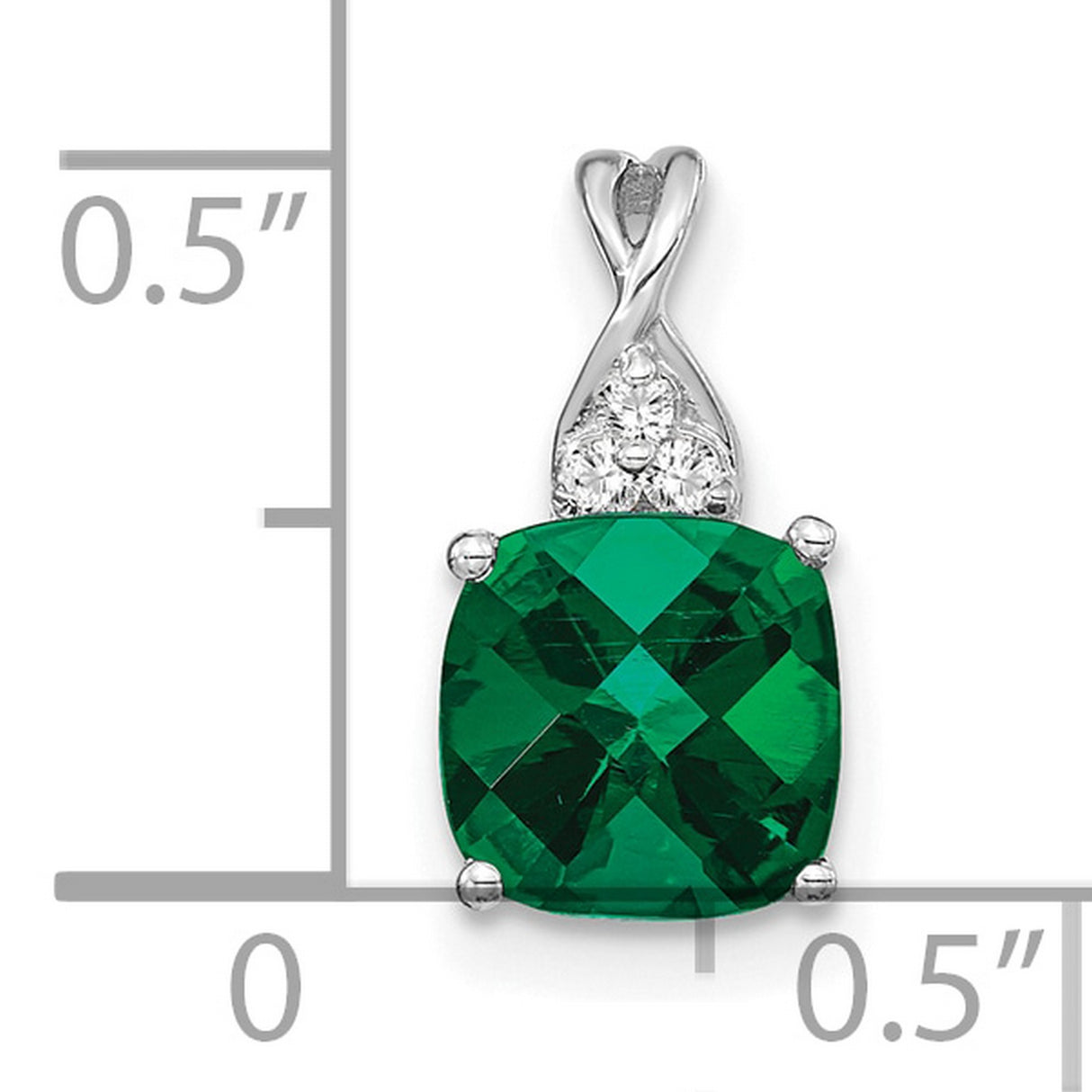 14k White Gold Pendant with Cushion Cut Lab Created Emerald and Diamond Accents, Twist Design