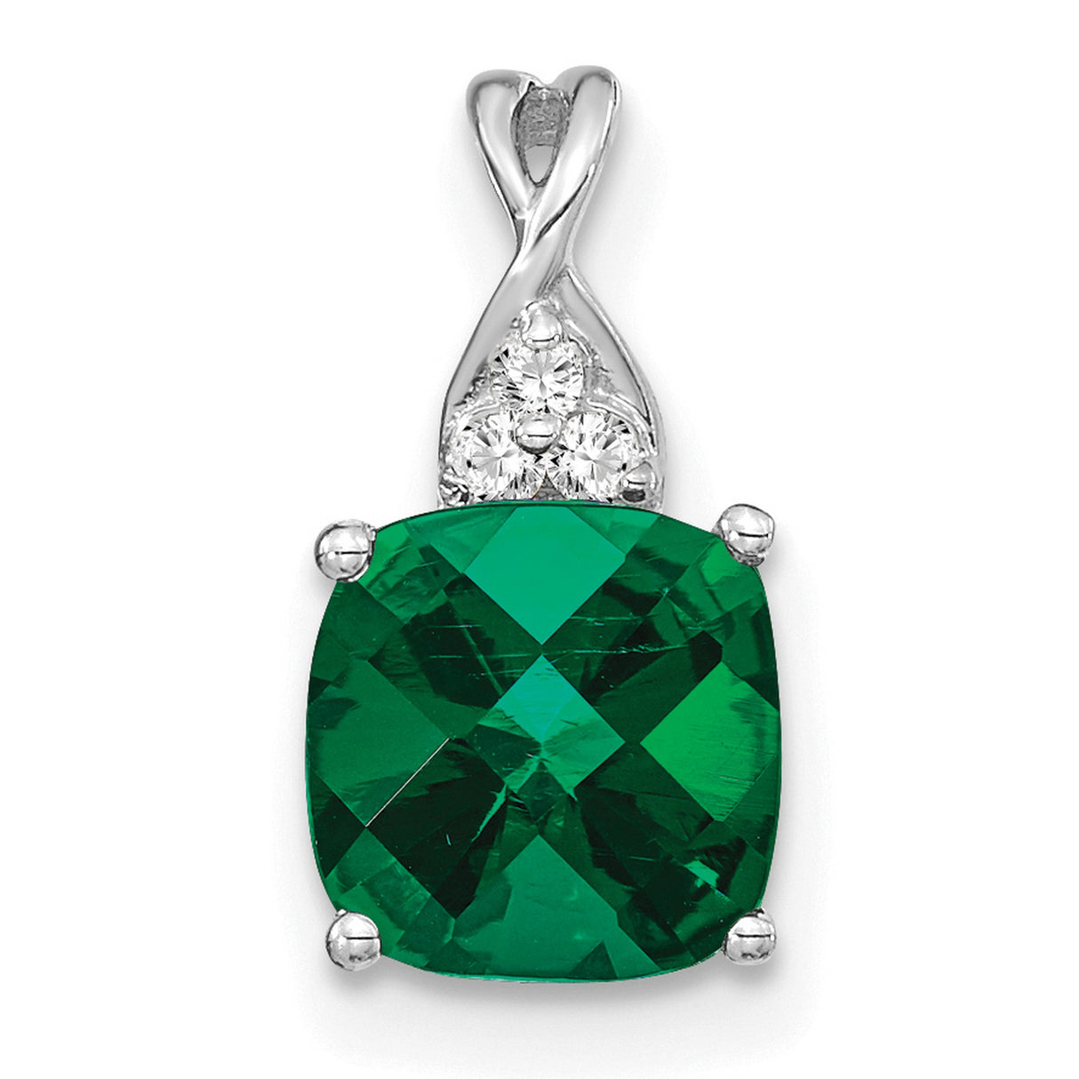 14k White Gold Pendant with Cushion Cut Lab Created Emerald and Diamond Accents, Twist Design