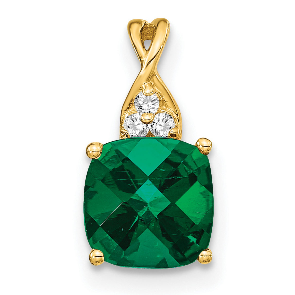 14k Yellow Gold Emerald Pendant with Diamonds, Cushion Cut Floral Design for Women