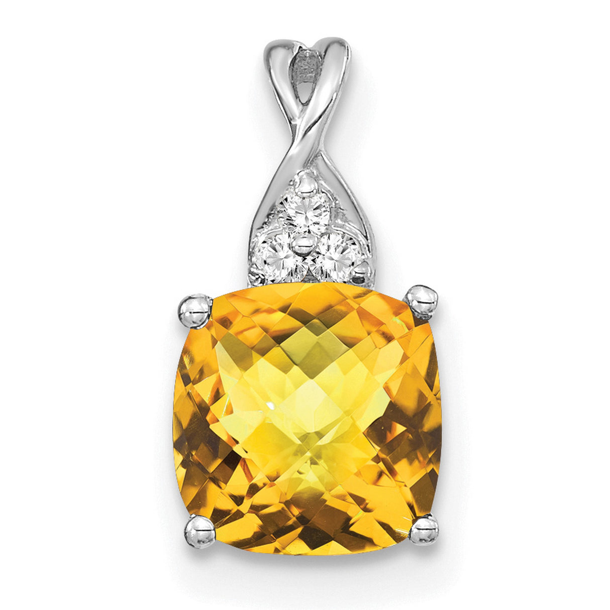14k White Gold Cushion Cut Citrine Pendant with Twisted Bail and Diamond Accents