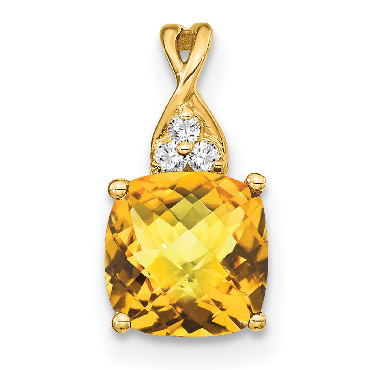 14k Yellow Gold Pendant with Cushion Cut Citrine and Diamond Accents, Floral Cluster Design