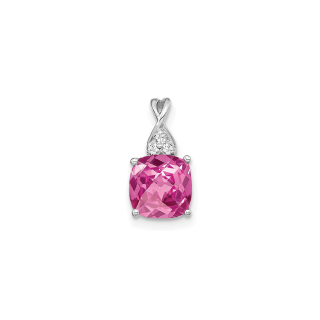 14k White Gold Pendant with Cushion Cut Pink Lab Created Sapphire and Diamond Accents, Twisted Bail Design