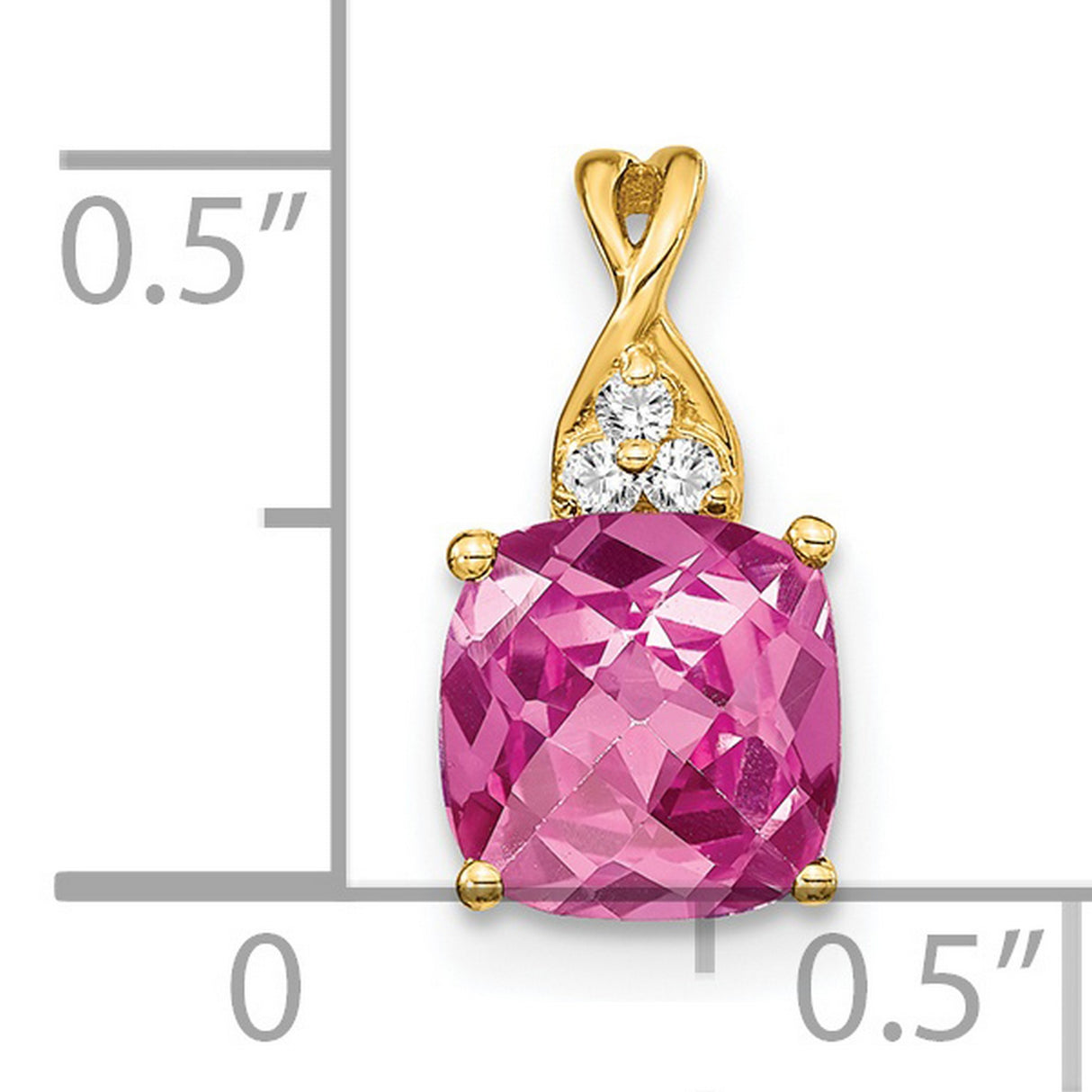 14k Yellow Gold Pendant with Cushion Cut Pink Lab Created Sapphire and Diamond Accent, Floral Design