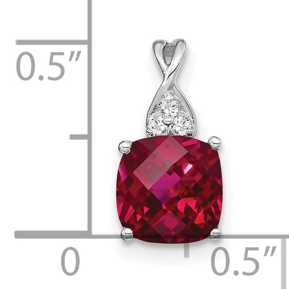 14k White Gold Cushion Cut Lab Created Ruby Pendant with Diamond Accents and Twisted Bail Design