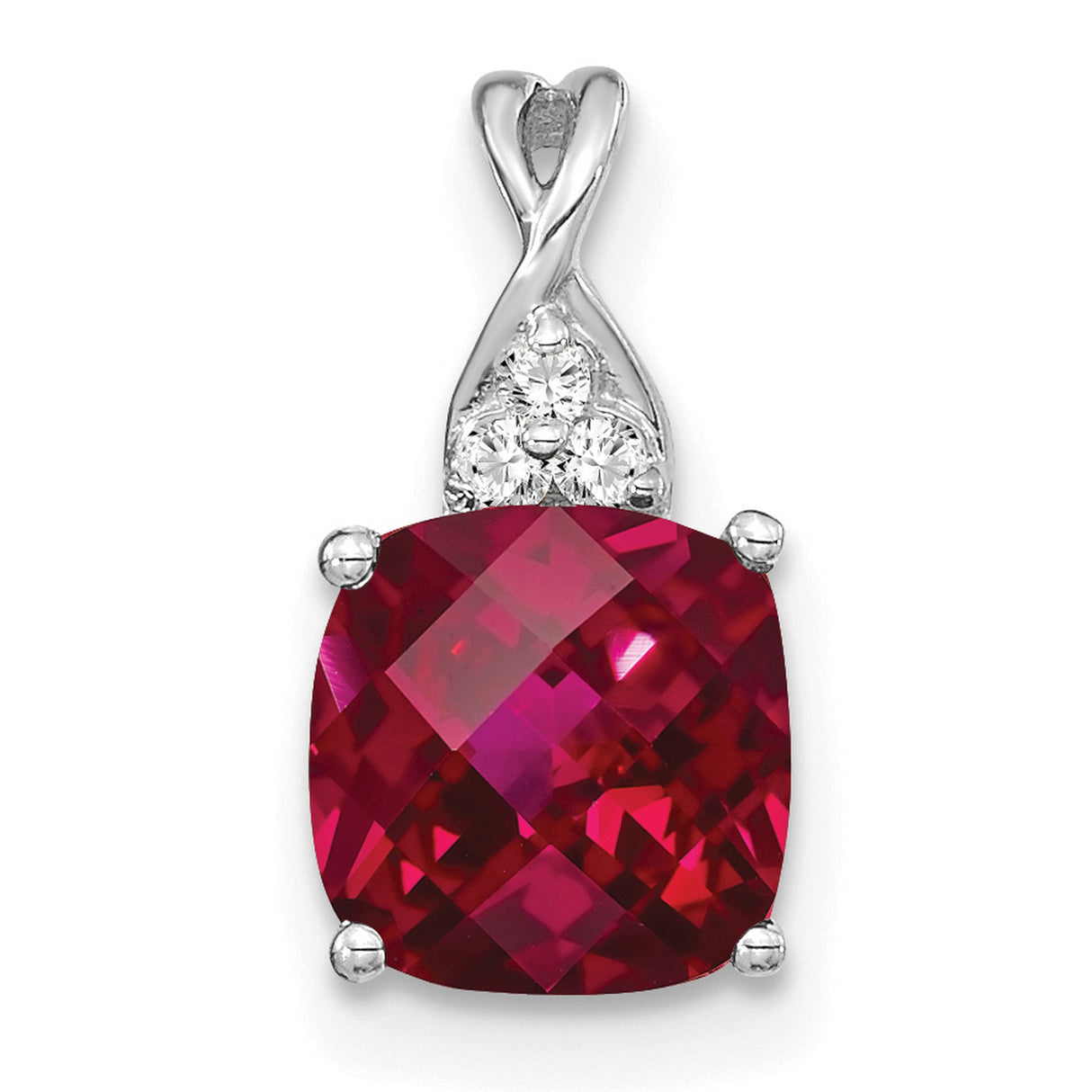 14k White Gold Cushion Cut Lab Created Ruby Pendant with Diamond Accents and Twisted Bail Design