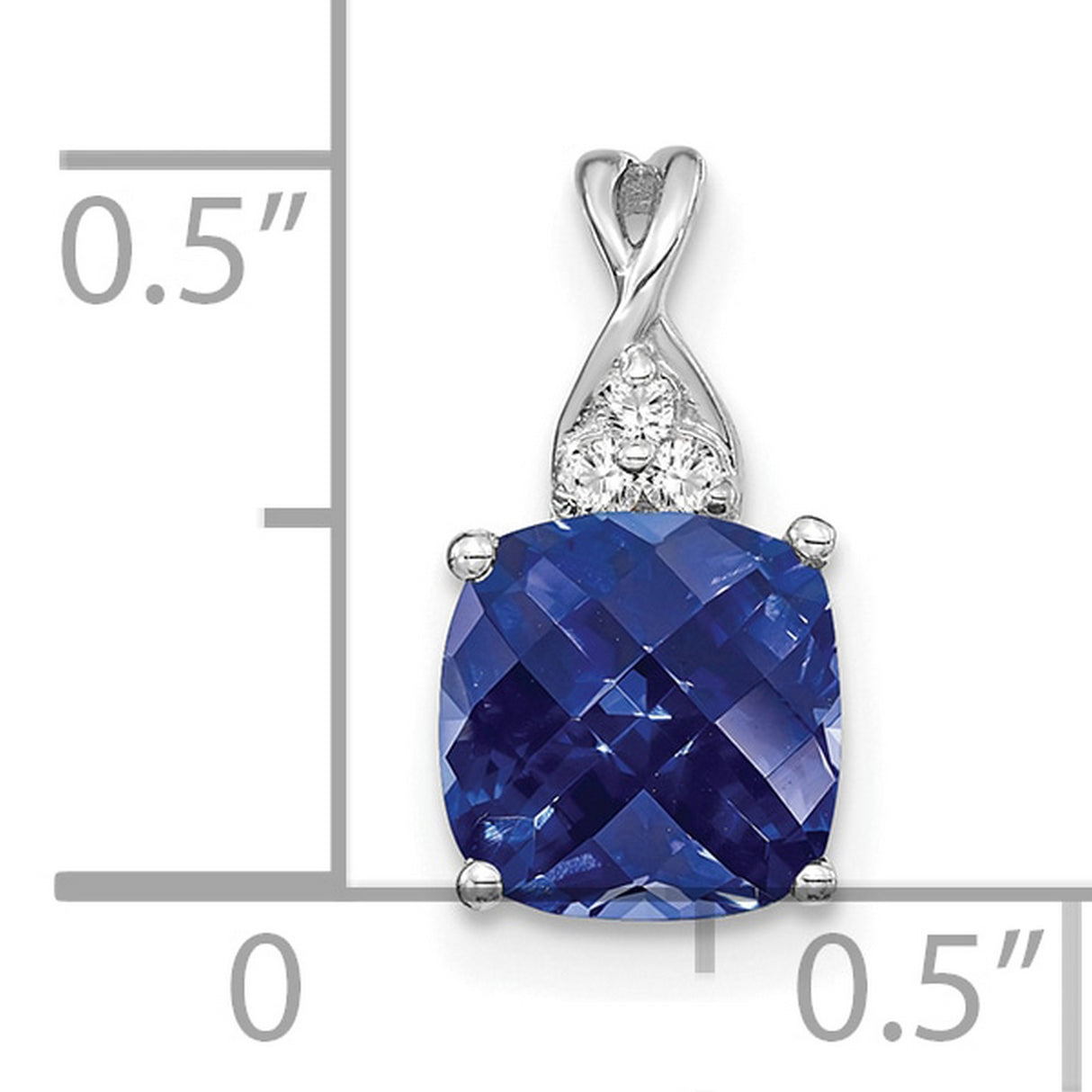 14k White Gold Pendant with Cushion Cut Lab Created Blue Sapphire and Diamond Accents