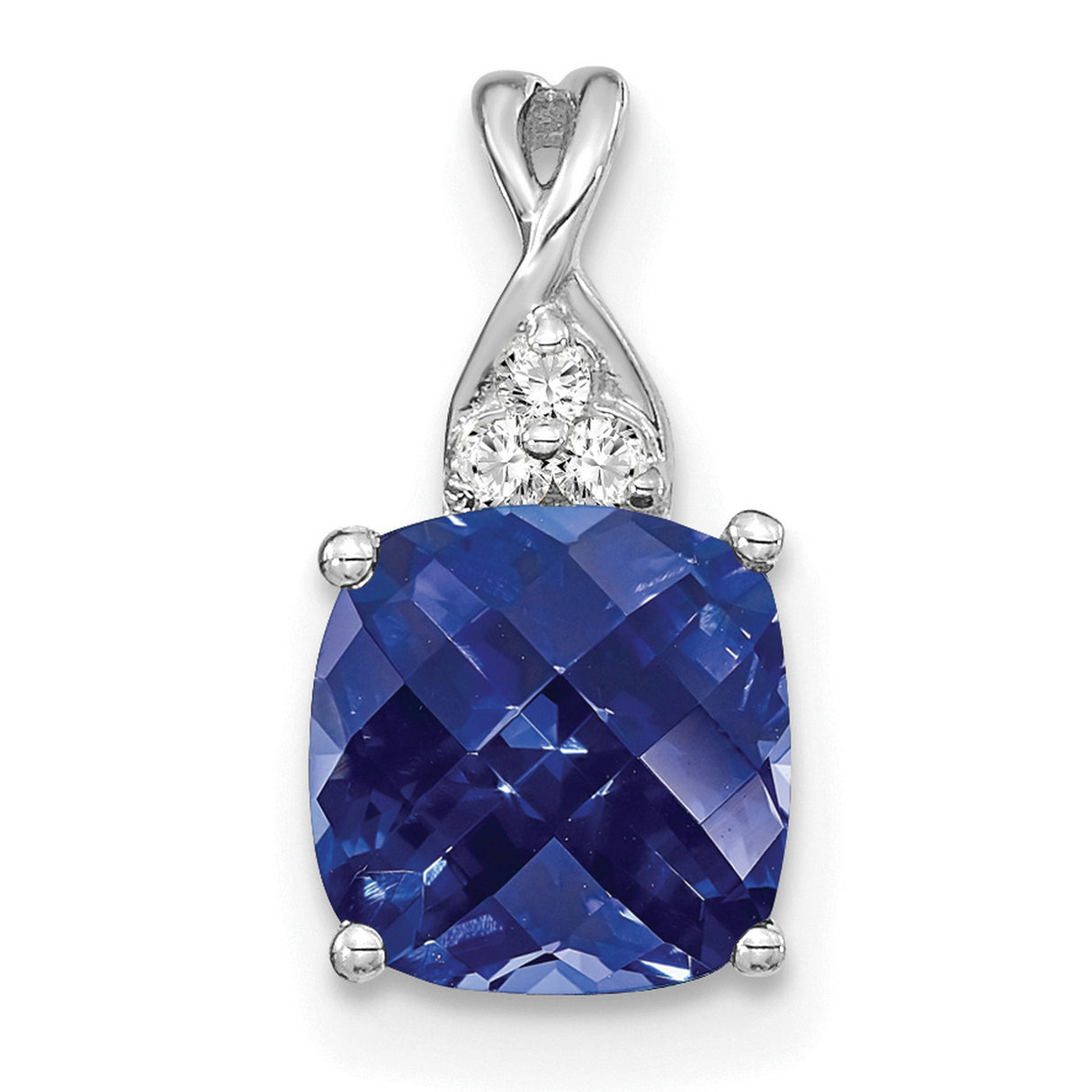 14k White Gold Pendant with Cushion Cut Lab Created Blue Sapphire and Diamond Accents