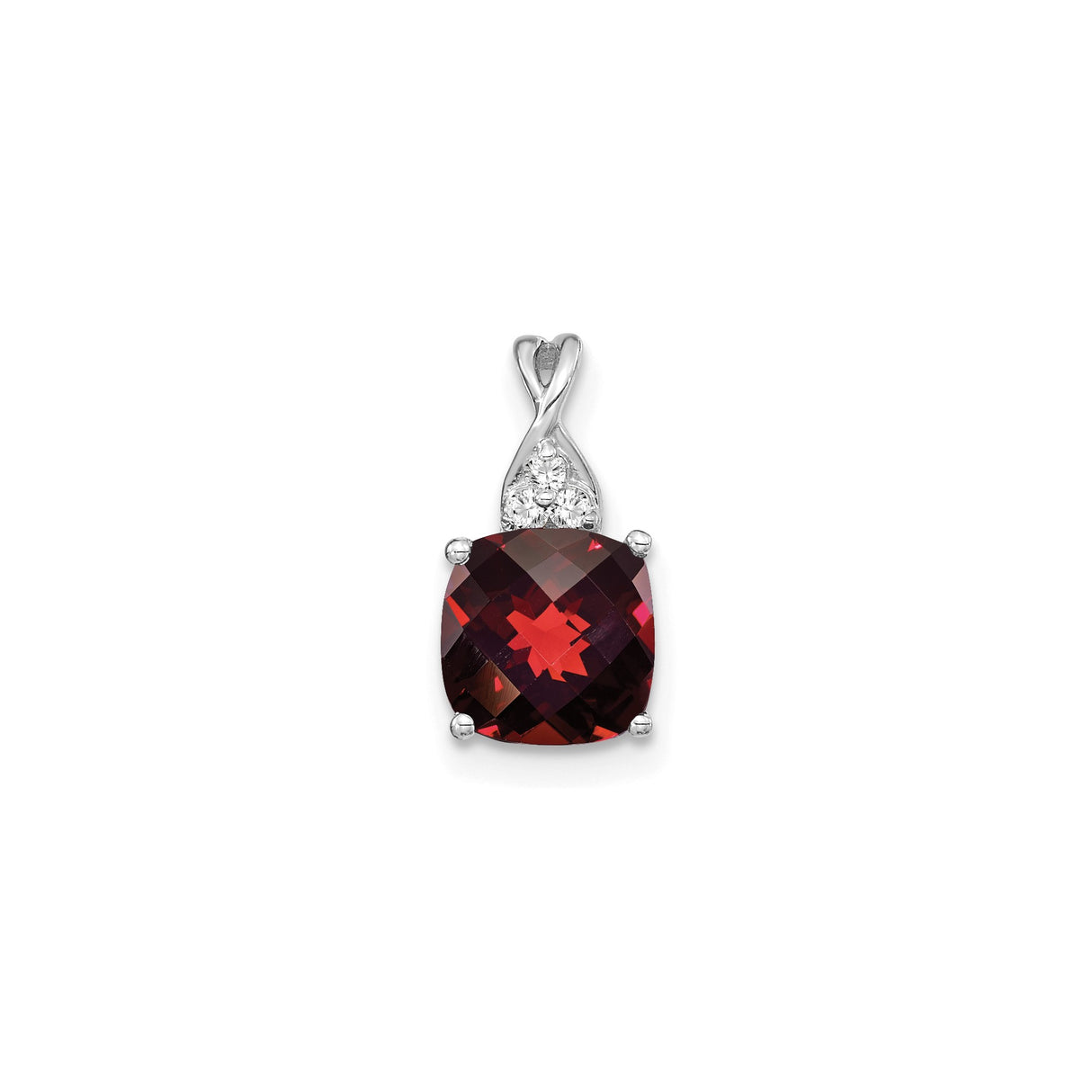 14k White Gold Garnet Pendant with Diamond Accents, Swirl Design, January Birthstone Jewelry
