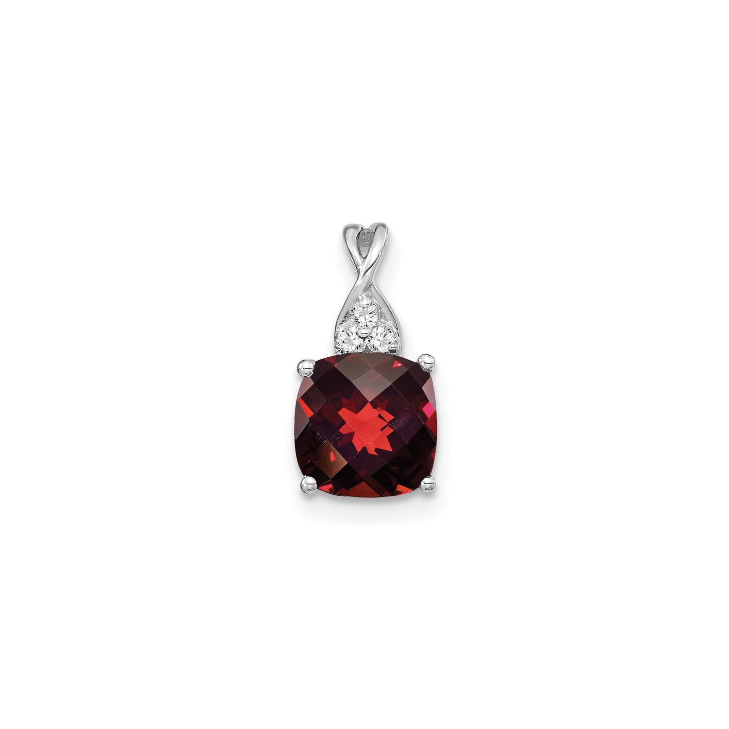 14k White Gold Garnet Pendant with Diamond Accents, Swirl Design, January Birthstone Jewelry