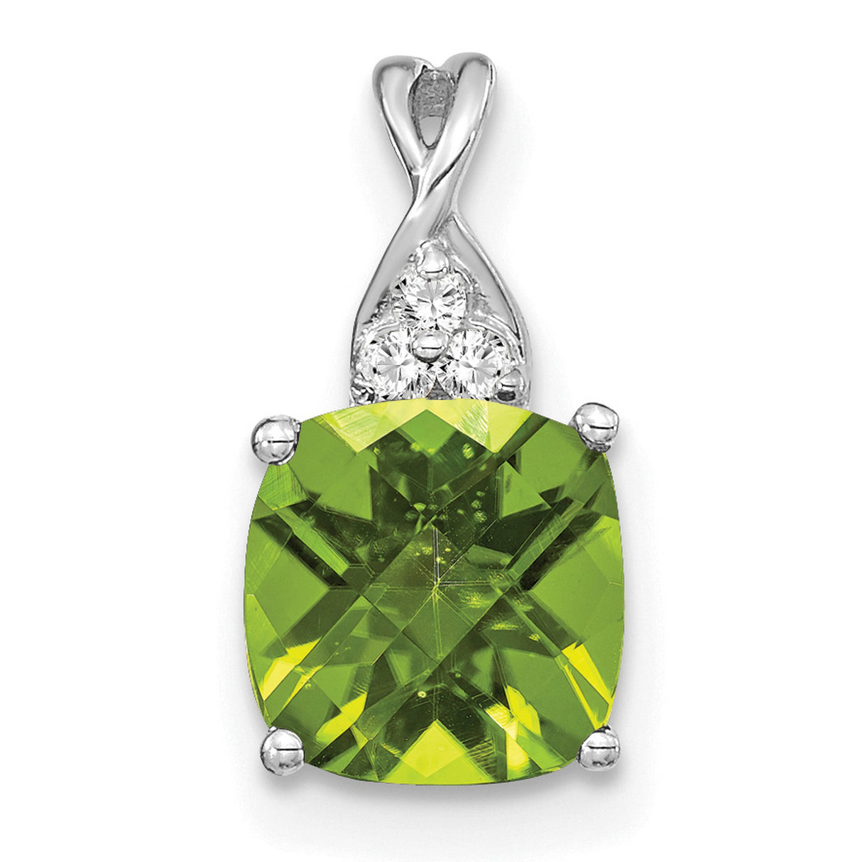 14k White Gold Pendant with Cushion Cut Peridot and Diamond Accents, Classic Fine Jewelry for Women