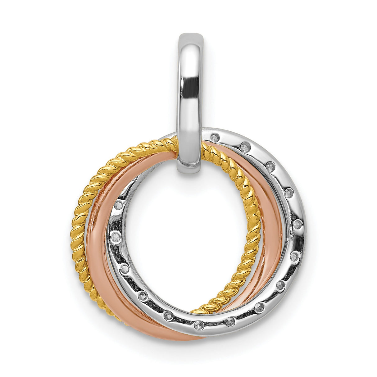 14k Tri-Color Gold Circle Pendant with Intertwined Hoops and Diamond-Cut Detail
