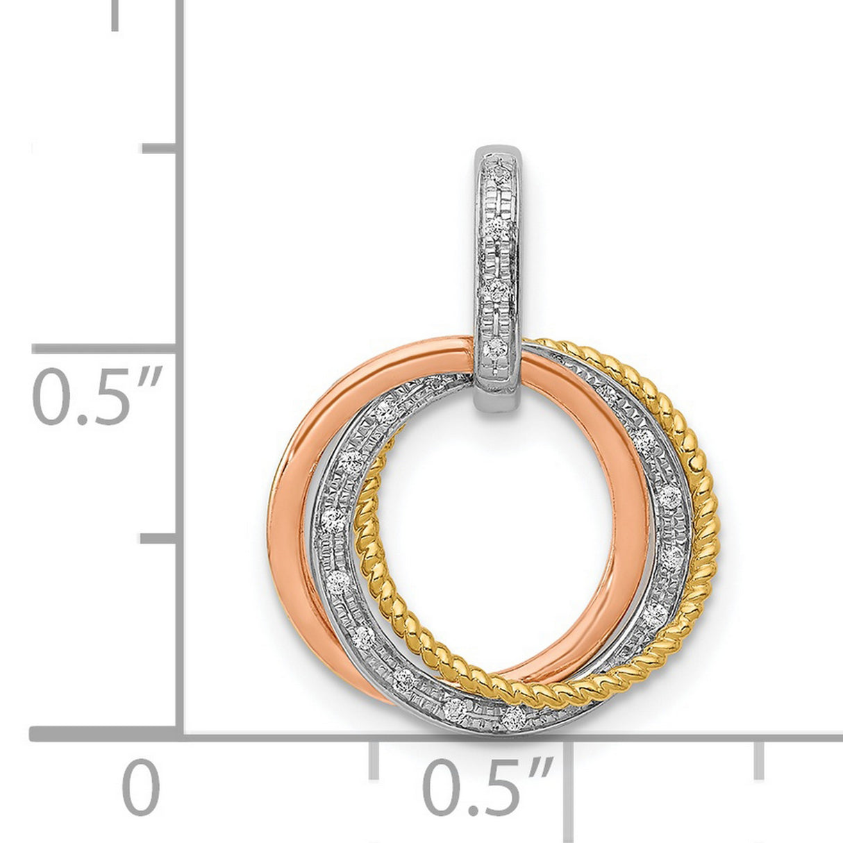 14k Tri-Color Gold Circle Pendant with Intertwined Hoops and Diamond-Cut Detail