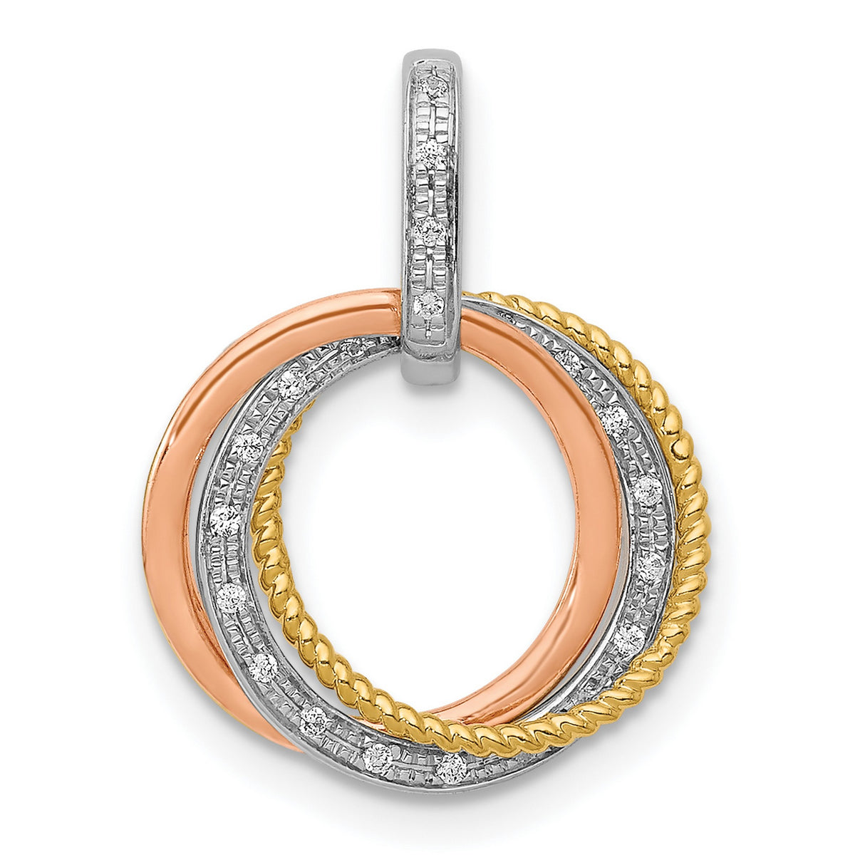 14k Tri-Color Gold Circle Pendant with Intertwined Hoops and Diamond-Cut Detail