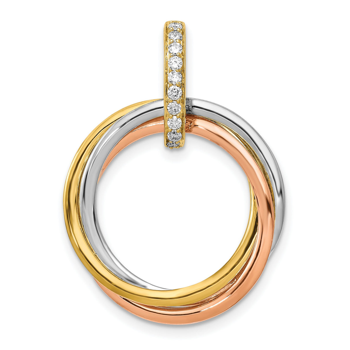 14k Tri-Color Gold Interlocking Circle Pendant with Diamond, Symbol of Unity and Eternity