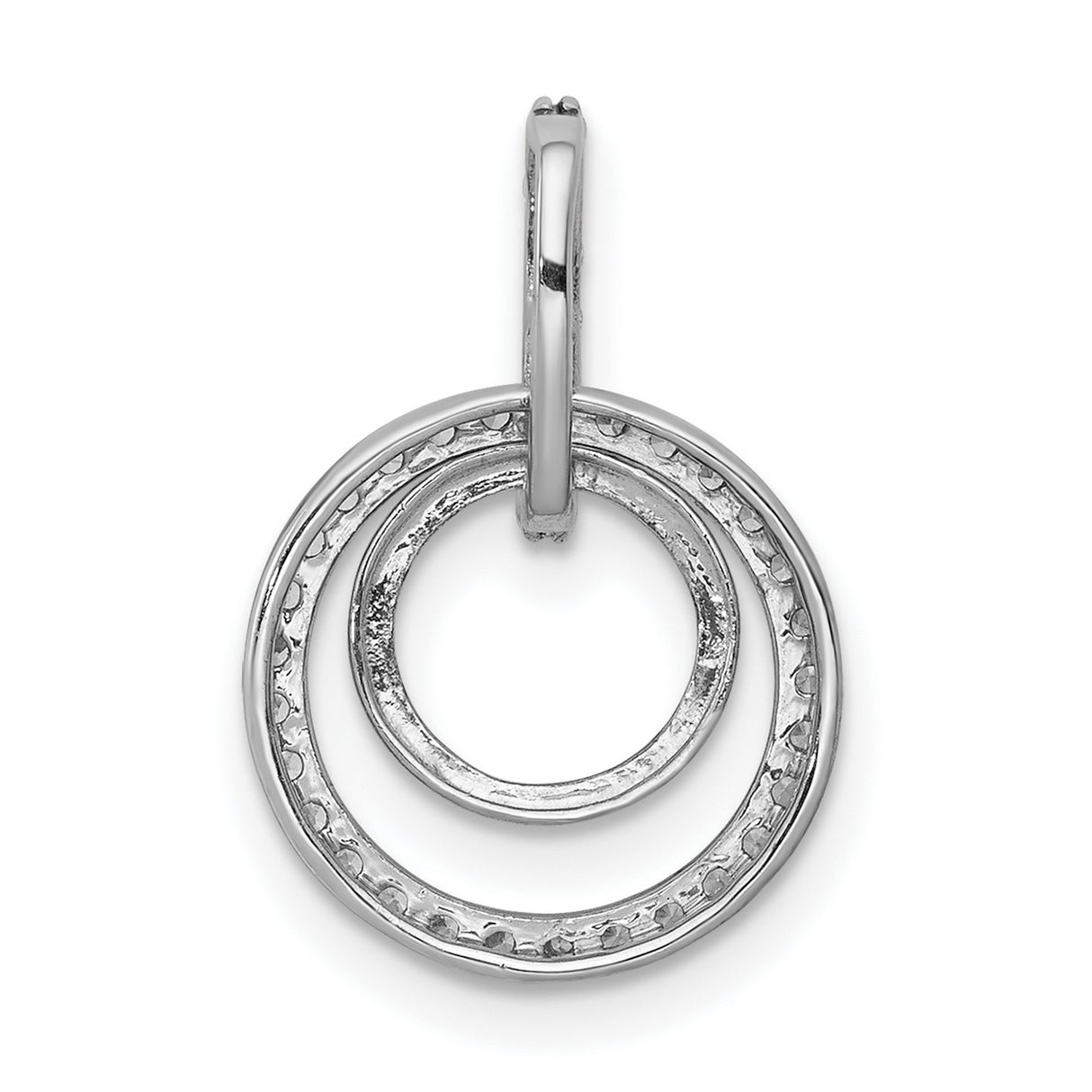 10k White Gold Double Circle Pendant with Pavé Diamond Outer Ring and Smooth Inner Loop
