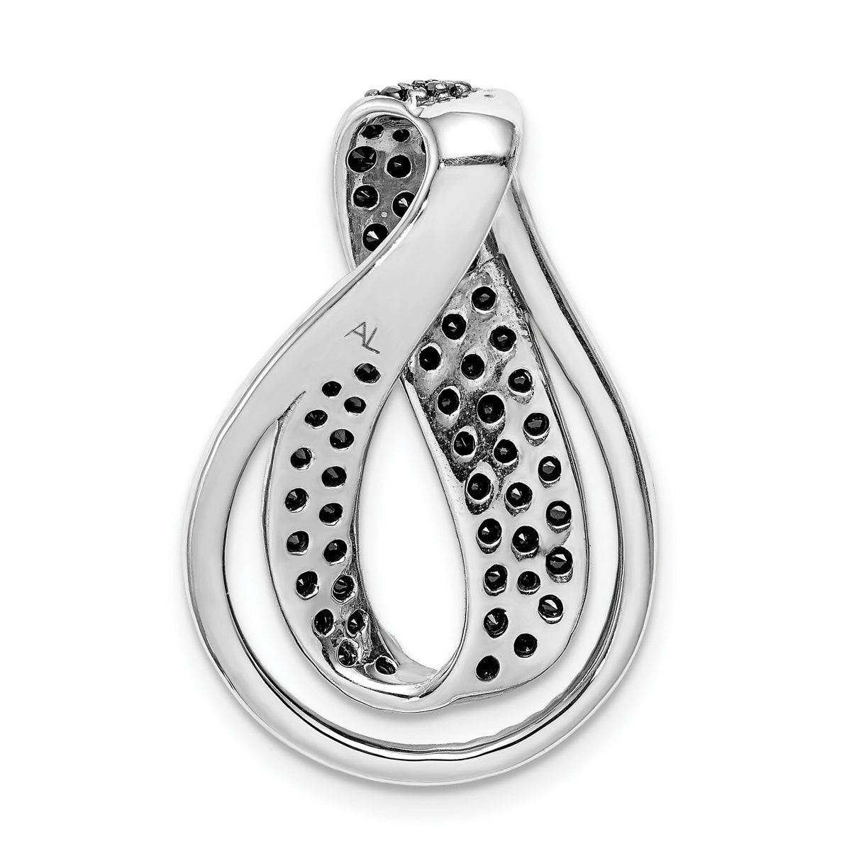 14k White Gold Teardrop Infinity Pendant with Black and White Diamonds, Twist Loop Design