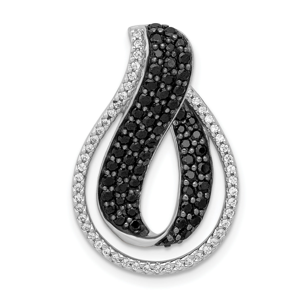 14k White Gold Teardrop Infinity Pendant with Black and White Diamonds, Twist Loop Design