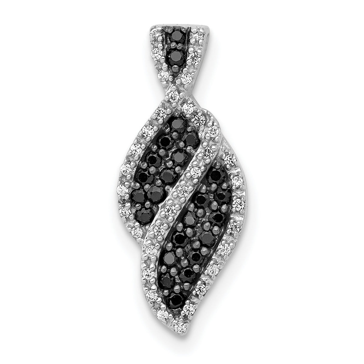 14k White Gold Pendant with Black and White Diamonds, Intertwined Leaf Curve Design