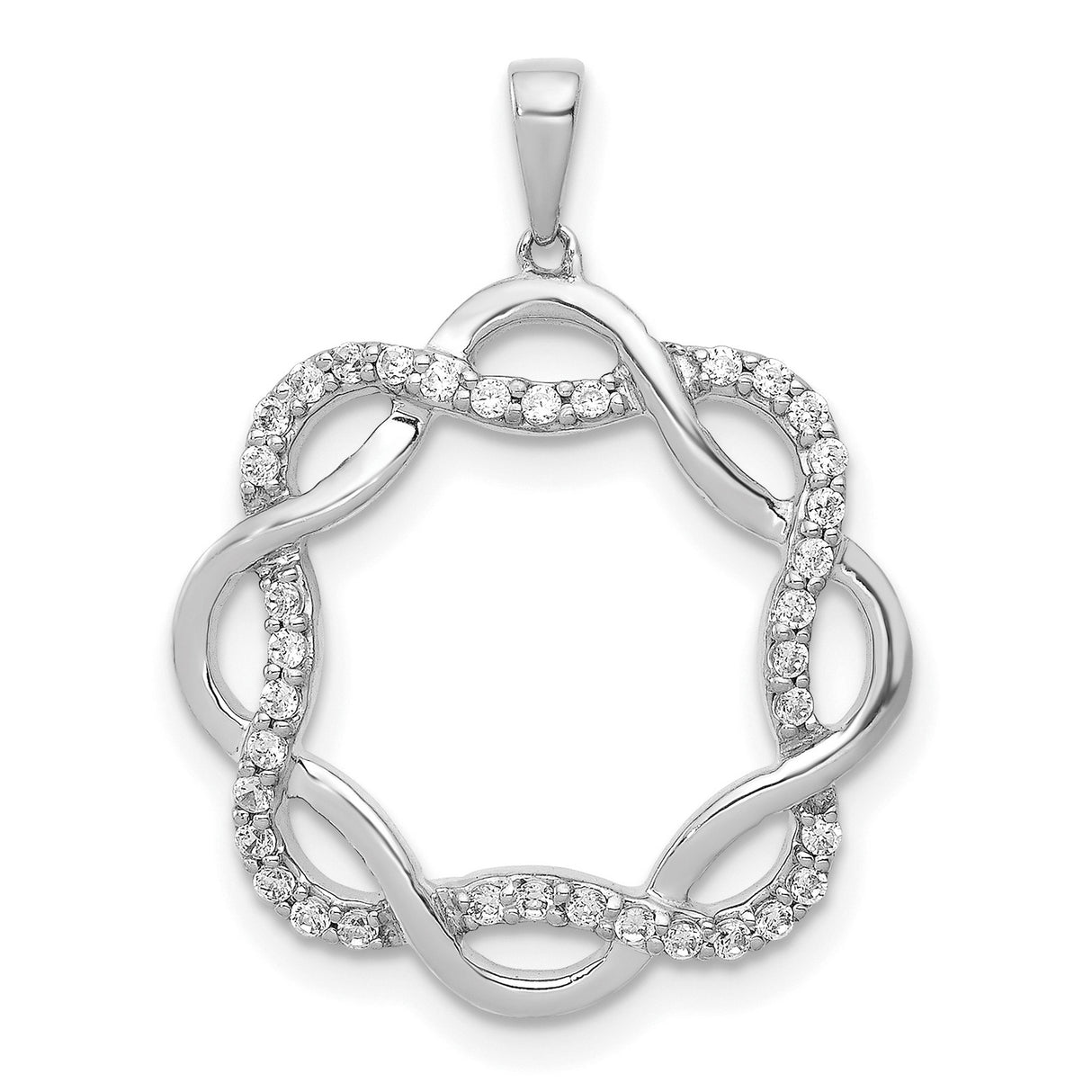 10k White Gold Infinity Circle Pendant with Interwoven Infinity Symbols and White Stones