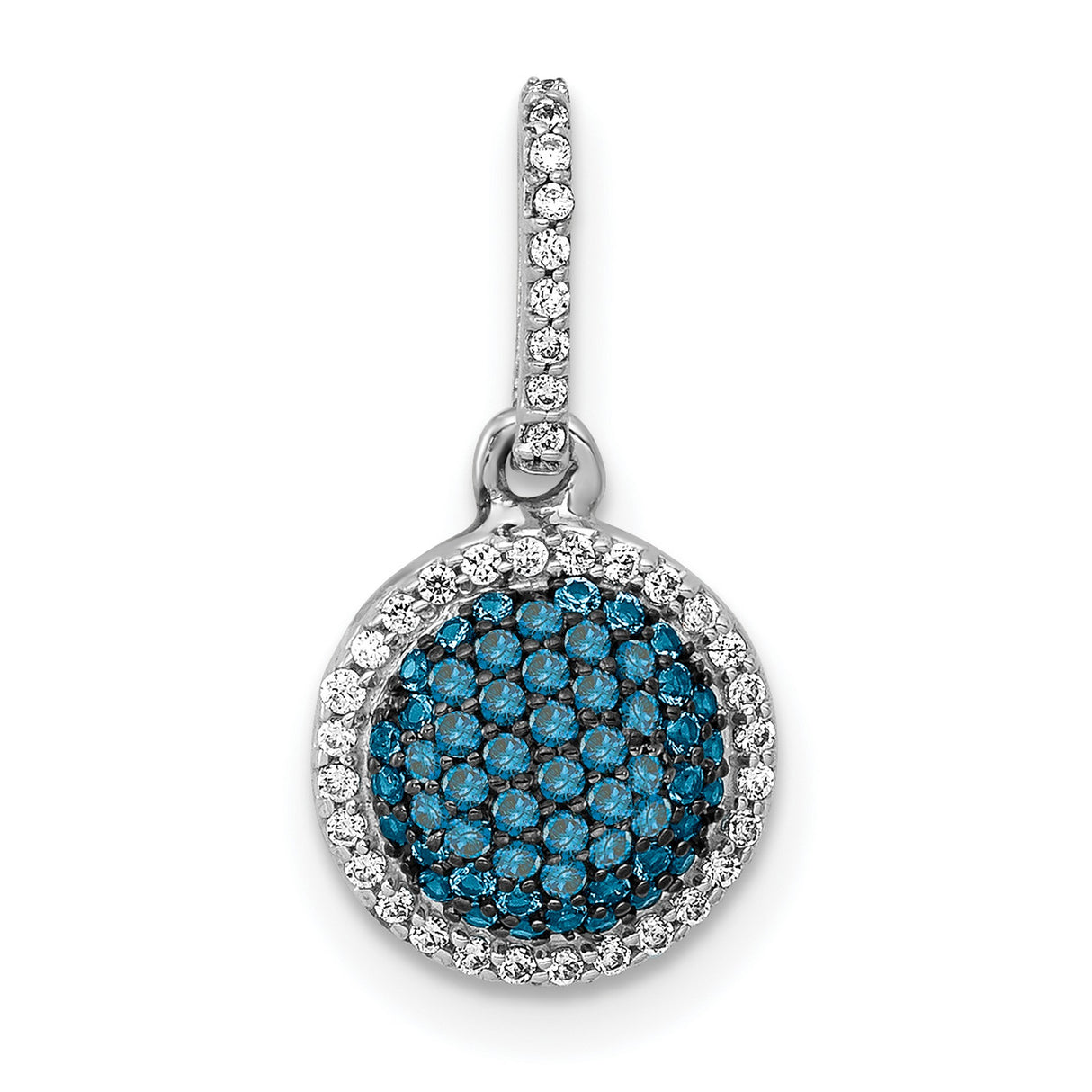 14k White Gold Drop Earrings with Blue and White Diamonds, Halo Round Pendant Design