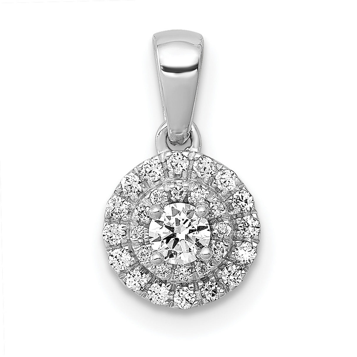 14k White Gold Diamond Pendant with Round Center Stone and Double Halo Design