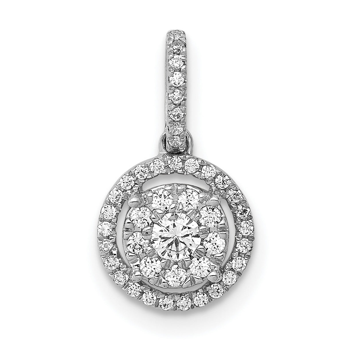 14k White Gold Diamond Pendant, Round Cluster Halo, Pavé Set, Classic Circular Design