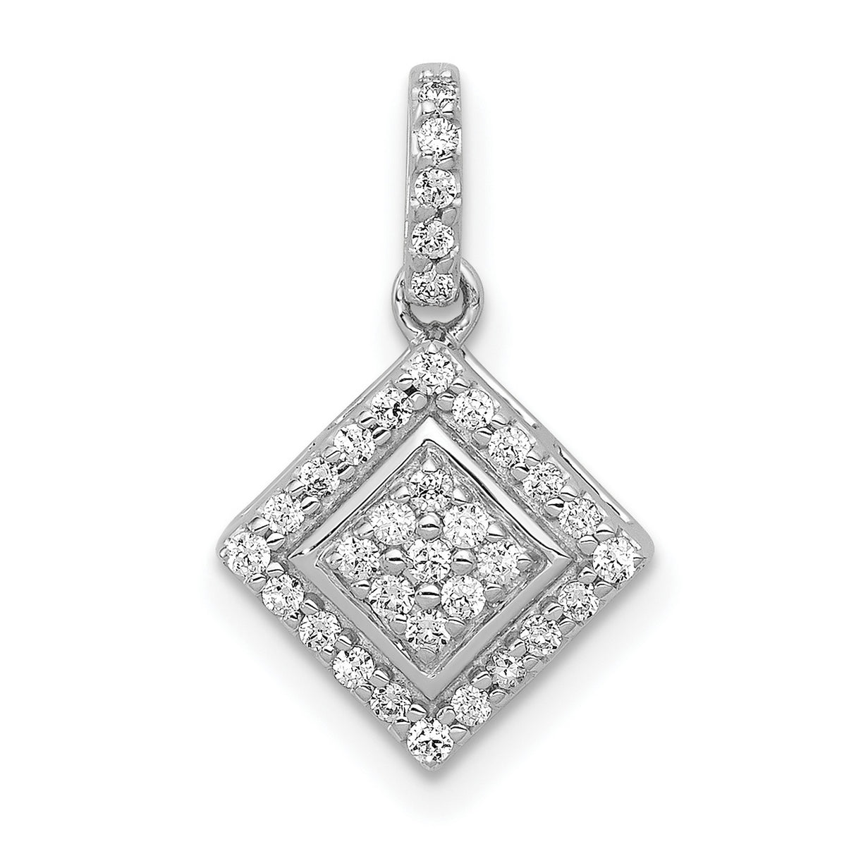 10k White Gold Pendant with Double Rhombus Design and Round Pave Diamonds