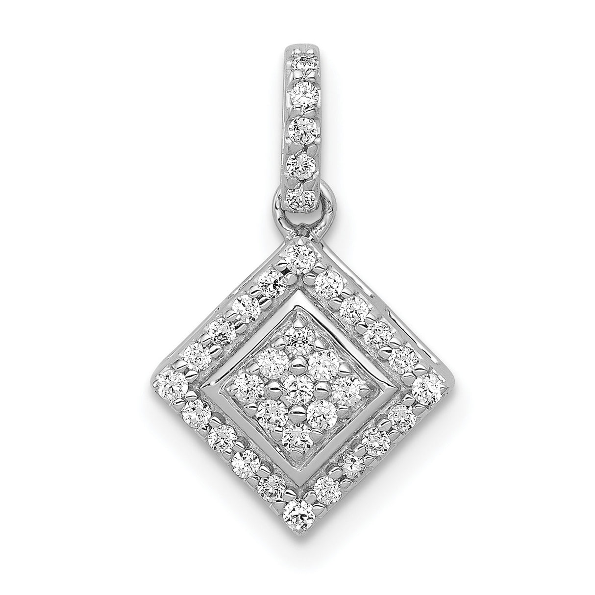 14k White Gold Diamond Pendant with Double Diamond Shape and Pavé Cluster Design