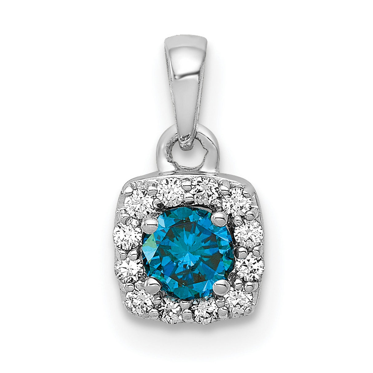 14k White Gold Pendant with Blue Diamond Center and White Diamond Halo Halo Charm