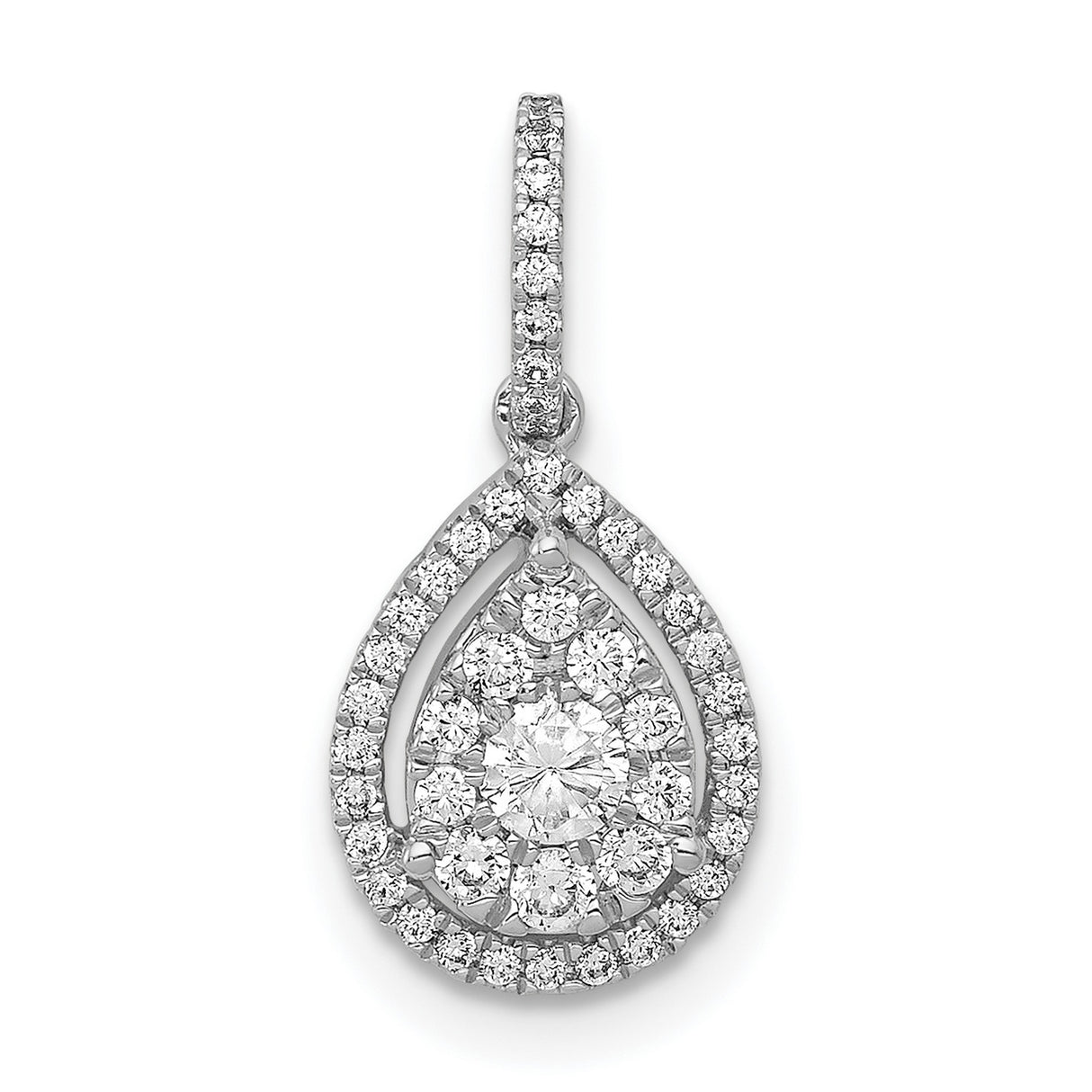 14k White Gold Teardrop Pendant with Round Cut Diamonds and Double Halo Design