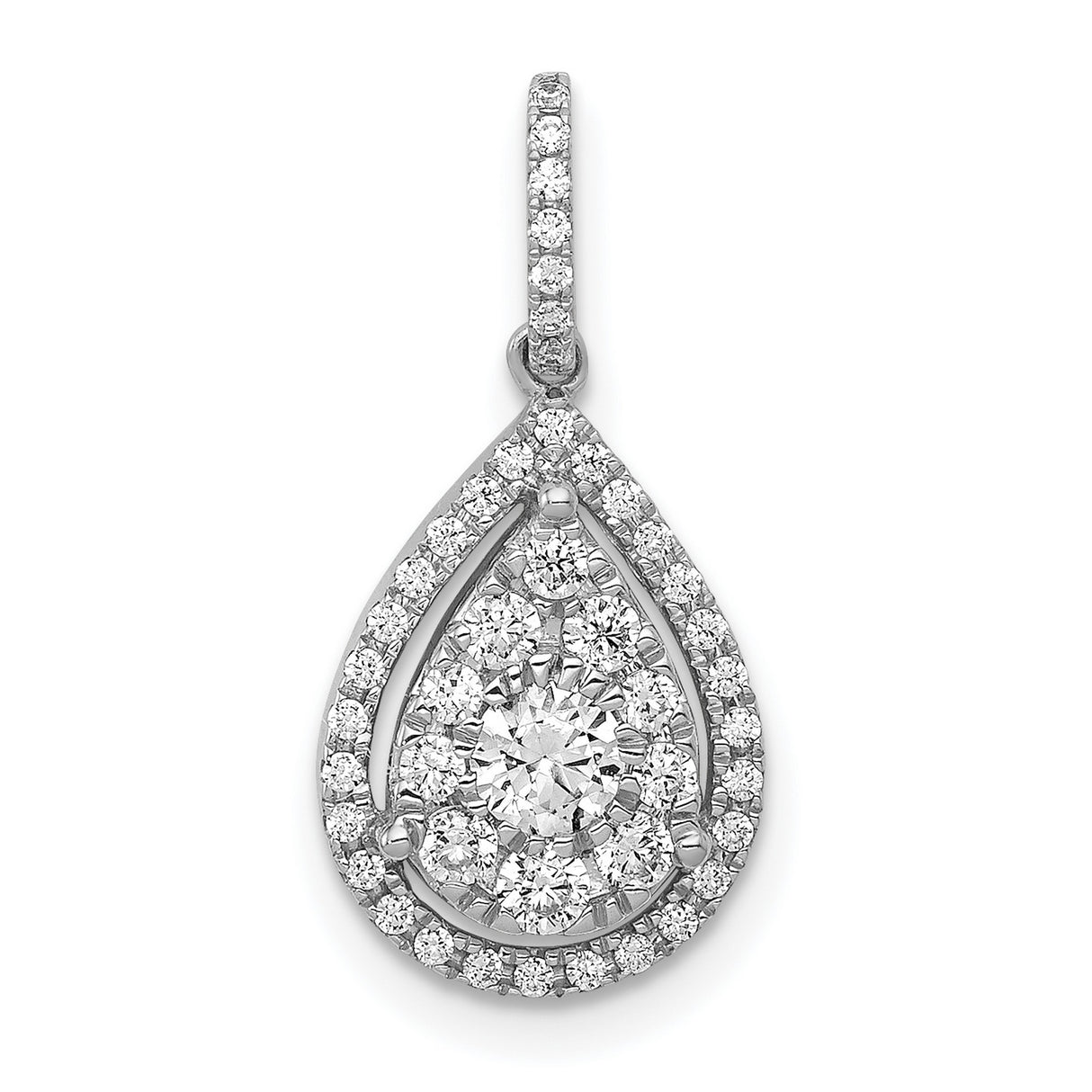 14k White Gold Teardrop Pendant with Round Cut Diamond Cluster in Halo Setting