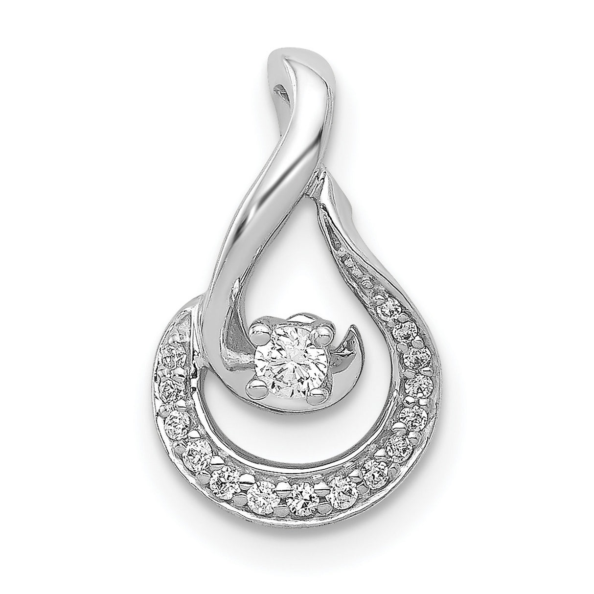 14k White Gold Swirl Diamond Pendant with Round Cut Center Stone and Accent Diamonds