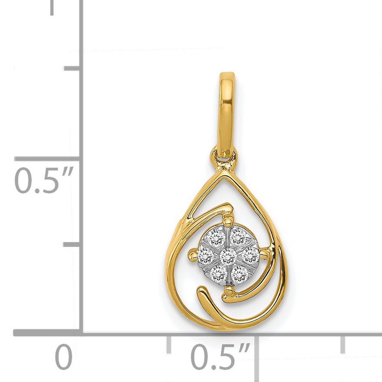 14k Yellow Gold Teardrop Pendant with Diamond Floral Cluster and Swirl Design