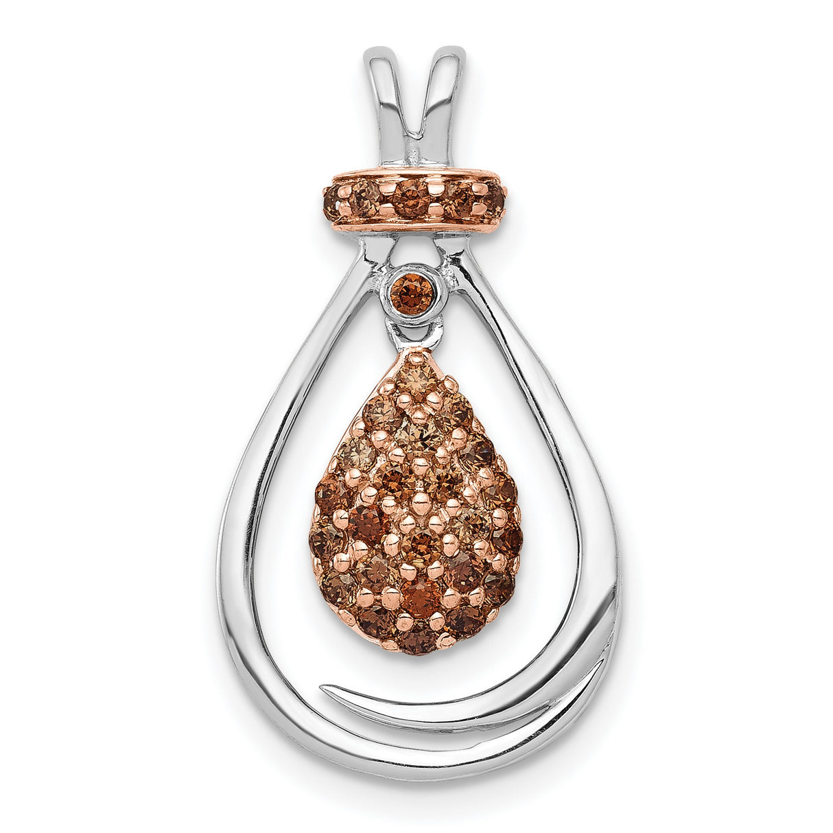 14k White Gold Teardrop Pendant with Champagne and Brown Diamonds, Open Loop Design