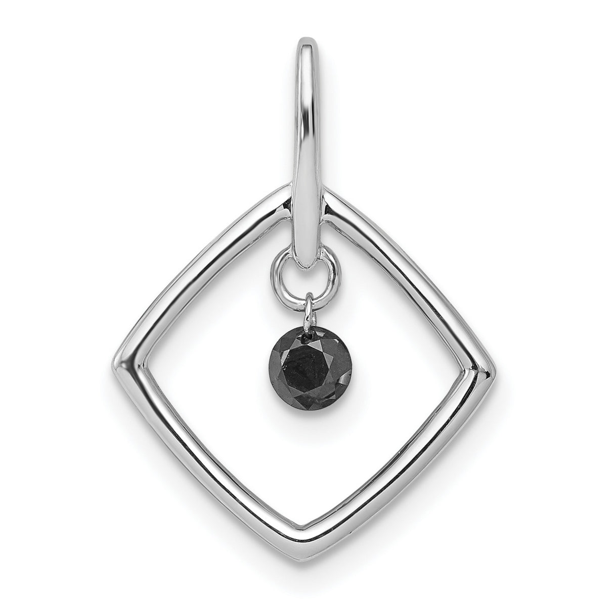 14k White Gold Pendant with Black Diamond, Geometric Diamond-Shaped Frame, Minimalist Charm