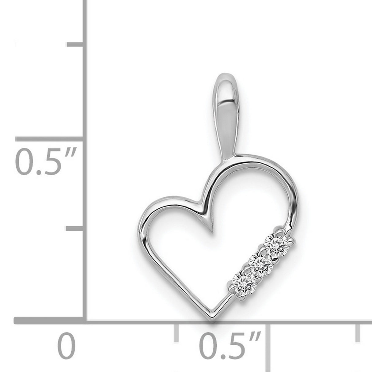 14k White Gold Heart Pendant with Three Diamonds, Open Heart Charm for Women