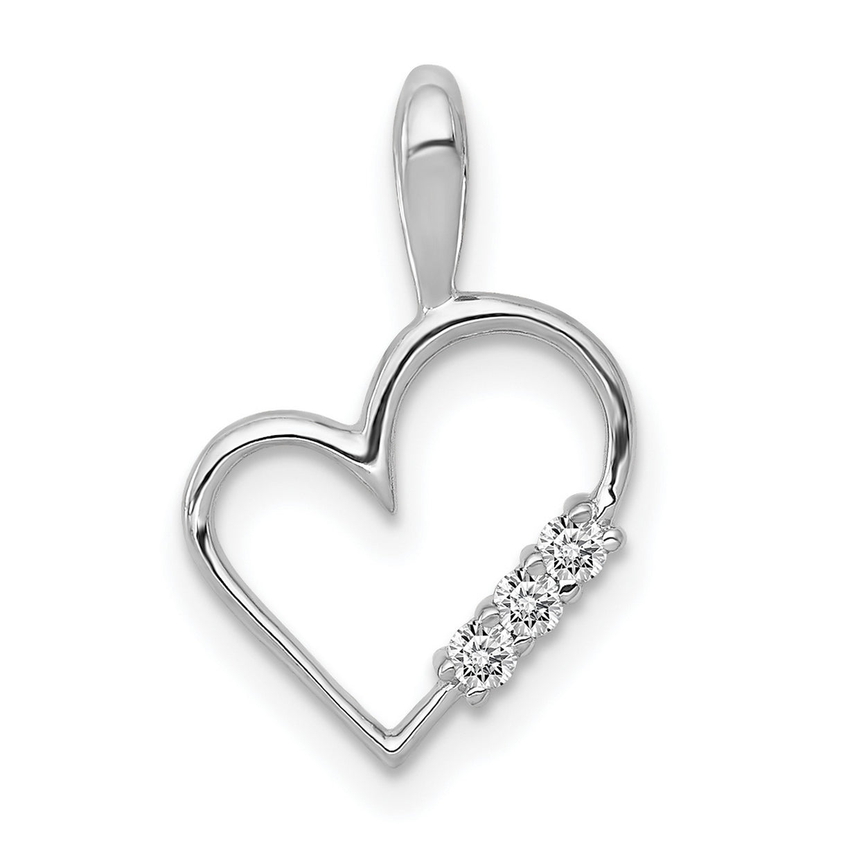 14k White Gold Heart Pendant with Three Diamonds, Open Heart Charm for Women