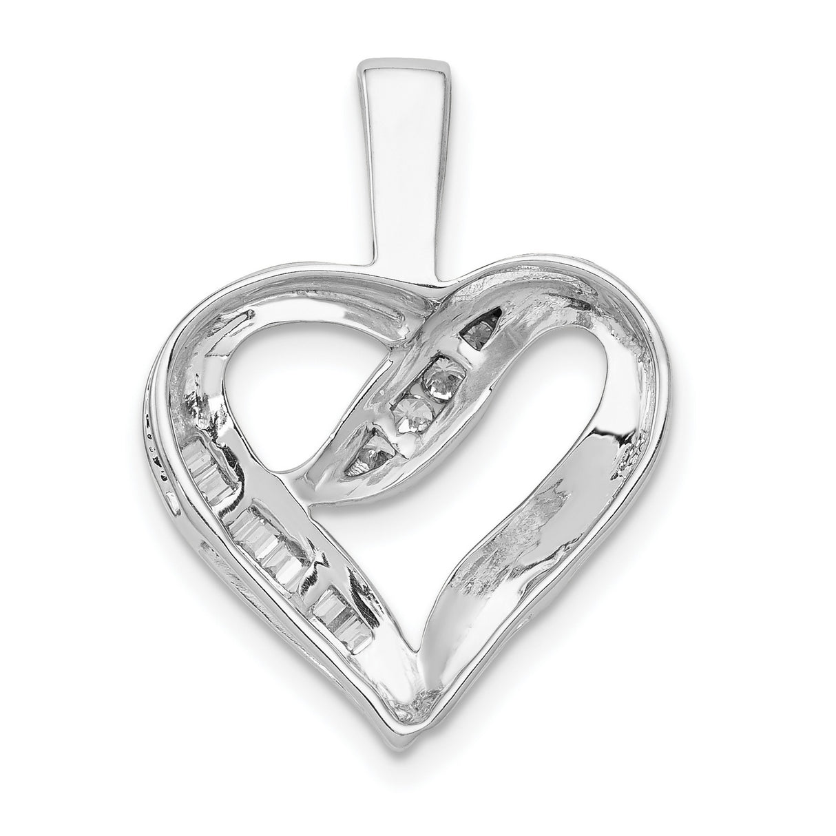 14k White Gold Heart Pendant with Baguette and Round Diamond Accents, Open Heart Design