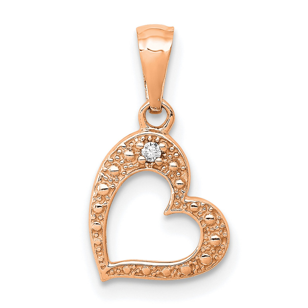 10k Rose Gold Heart Pendant with Textured Open Heart Design and Diamond Accent