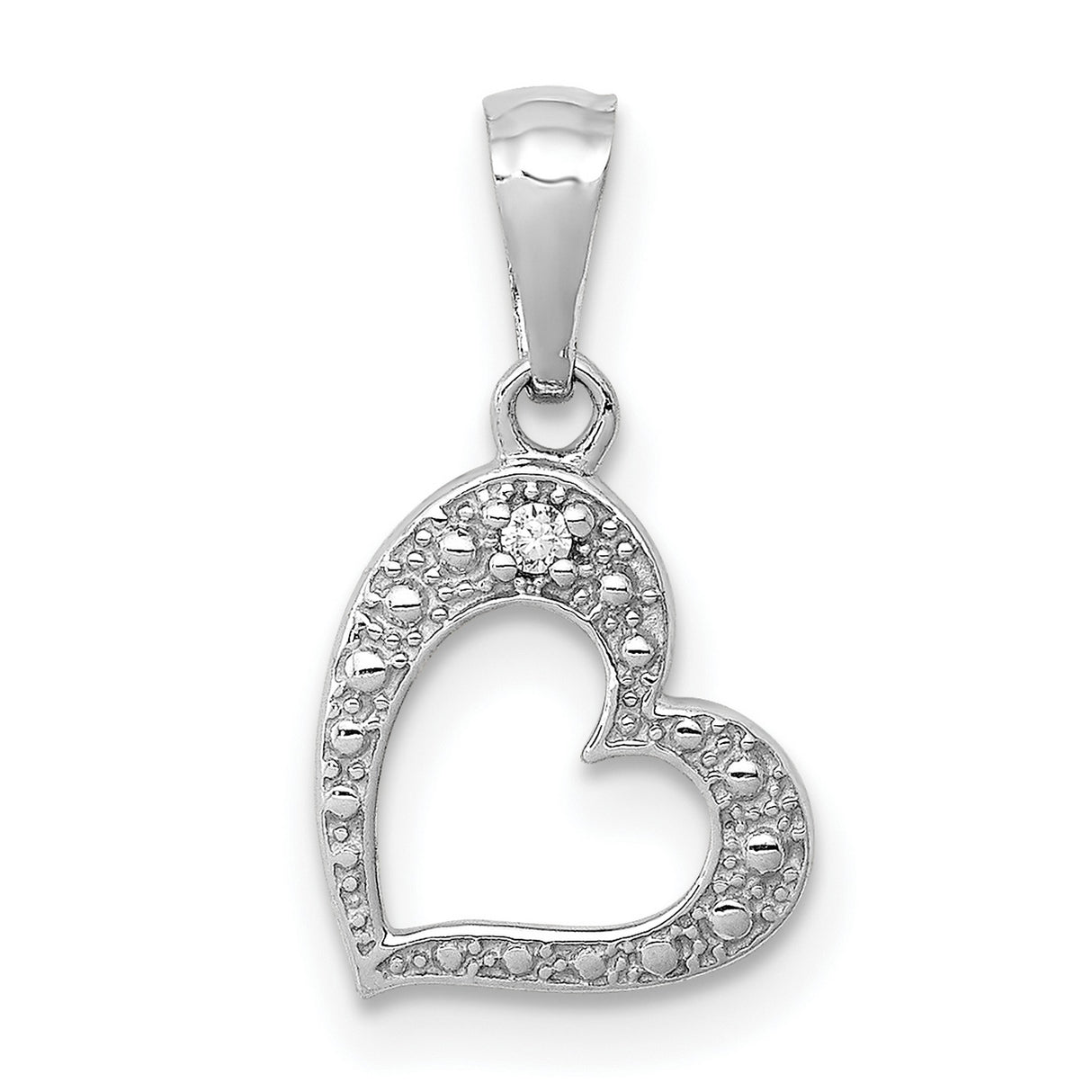 10k White Gold Heart Pendant with Diamond Cut Texture and Accent Stone Detail