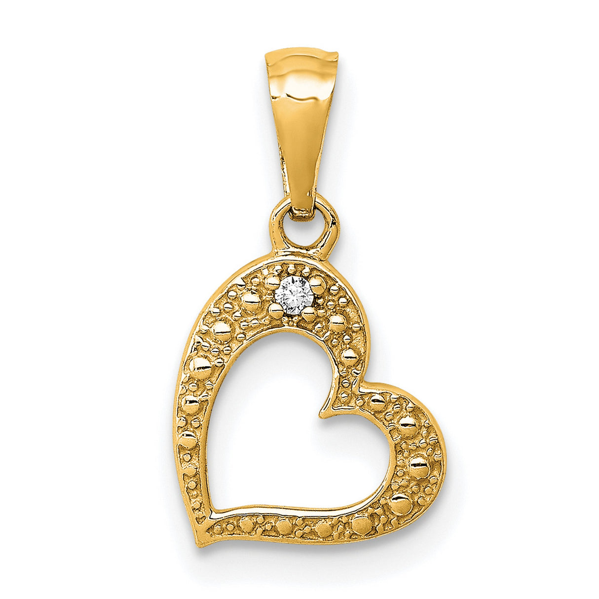 10k Yellow Gold Heart Pendant with Textured Open Heart and Round White Gemstone Accent