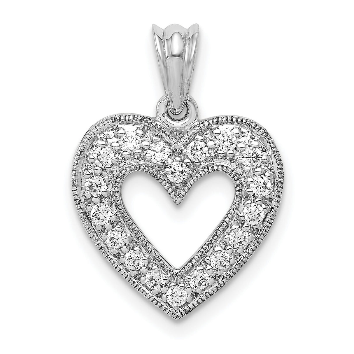 14k White Gold Heart Pendant with Pavé Diamonds and Milgrain Detailing