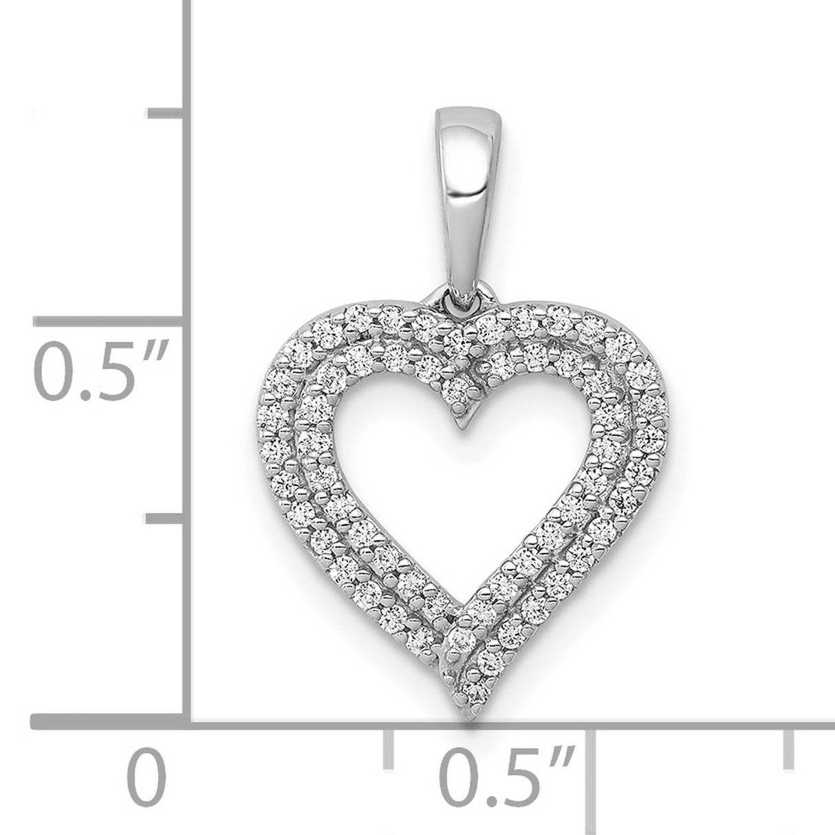 10k White Gold Heart Pendant with Double Row Round Diamonds, Open Heart Design