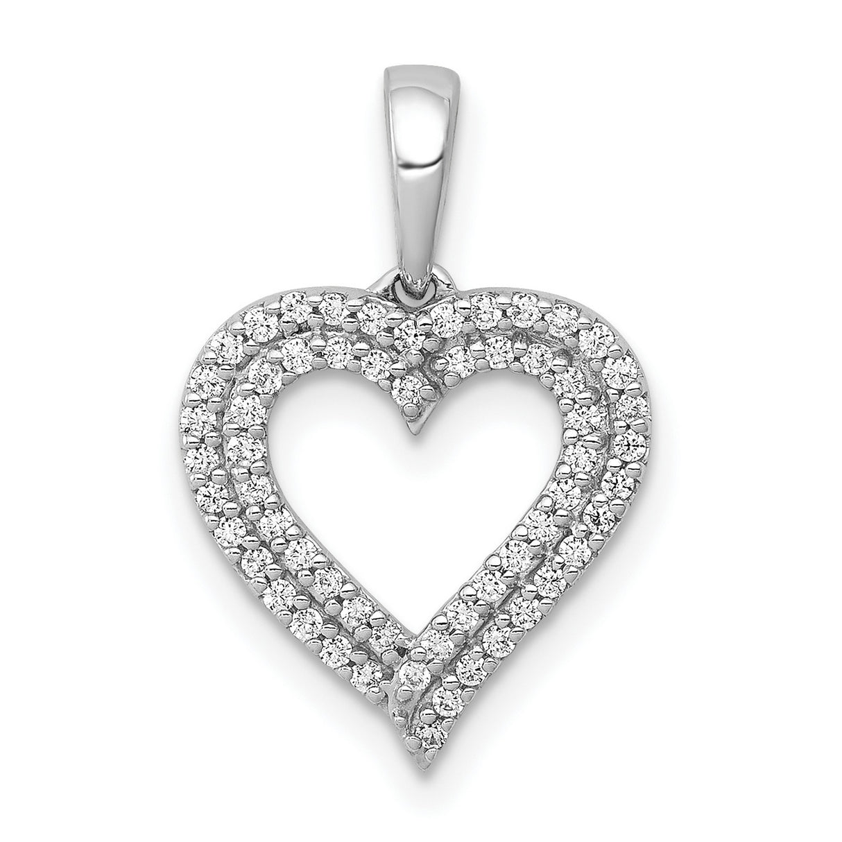 10k White Gold Heart Pendant with Double Row Round Diamonds, Open Heart Design