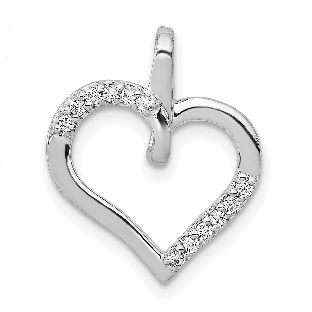 14k White Gold Open Heart Pendant with Diamond Accents, Asymmetrical Modern Design for Women