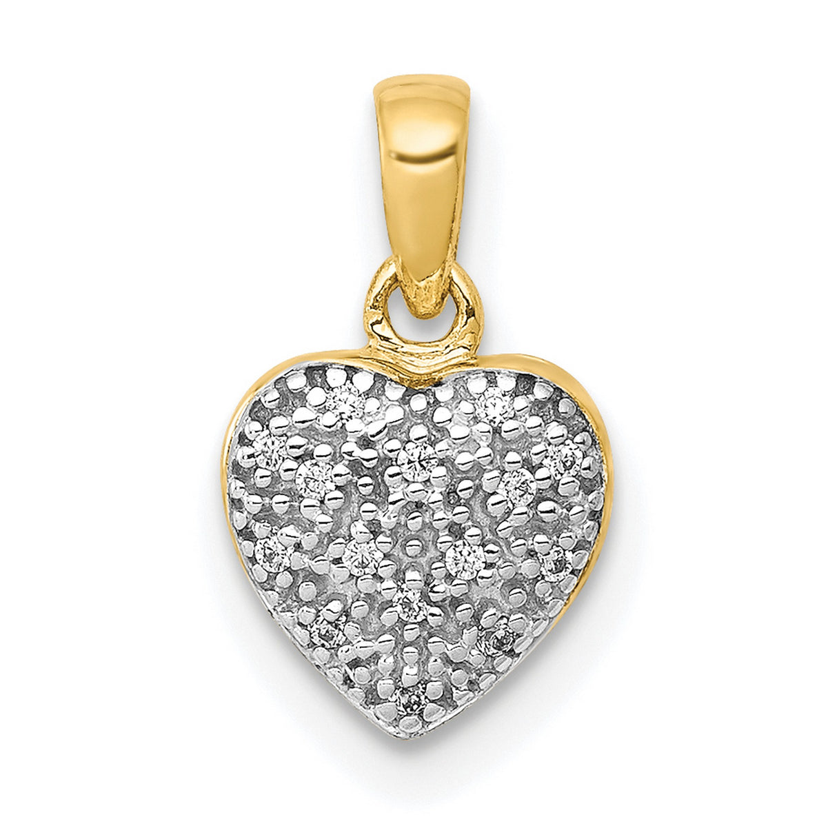 14k Yellow Gold Heart Pendant with Diamond, Two Tone Textured Design for Women